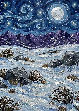 Winter Night Landscape Painting