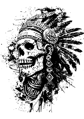 Skull in Headdress with Ink Splatters