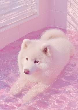 Samoyed dog in pink water