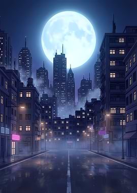 Cityscape under a full moon night