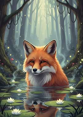 Fox in a Forest Pond