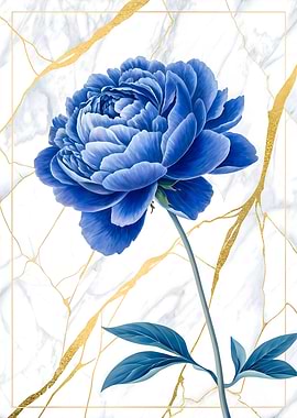 Blue Peony Flower Painting Poster with Gold Marble Background Art