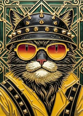 Art Deco Cat Biker in Gold and Emerald