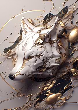 Abstract Fox Head with Gold Accents
