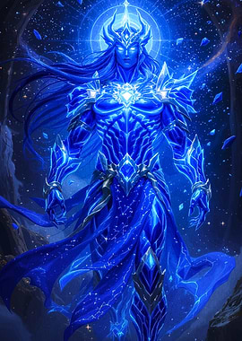 Blue Celestial Warrior with Cosmic Armor