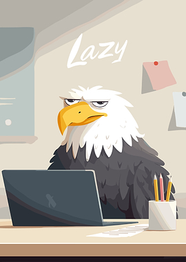 Lazy Eagle Cartoon Character at Desk