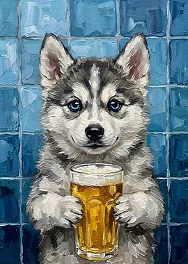 Husky Puppy with Beer Painting