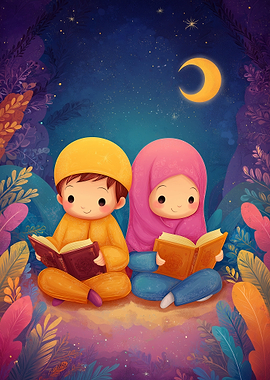 Children Reading Under Crescent Moon