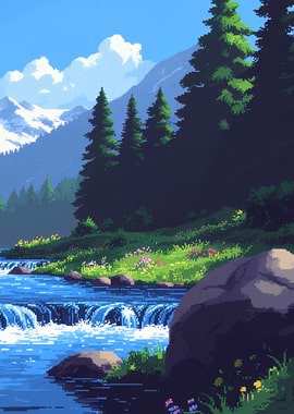 Pixel Art Mountain River Landscape