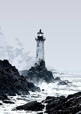 Lighthouse on Rocky Coastline