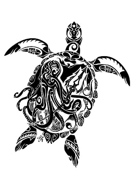 Turtle and Octopus Tribal Tattoo Design