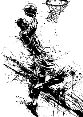 Basketball Player Dunking Black and White Art