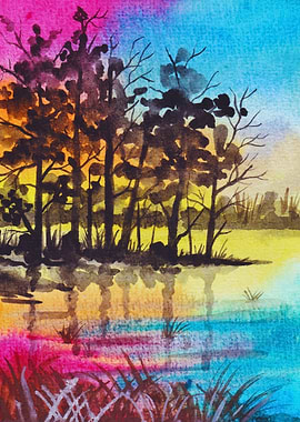 Watercolor Landscape with Trees and Water
