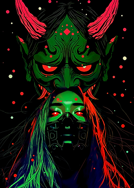 Cyberpunk Oni Mask with Woman
