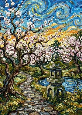 Japanese Garden Painting with Blossoms and Pagoda