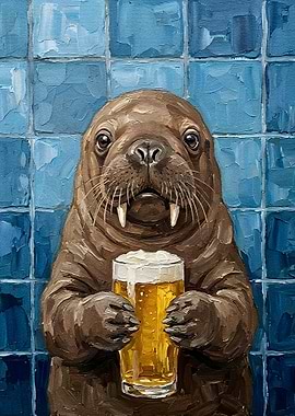 Walrus with Beer Painting