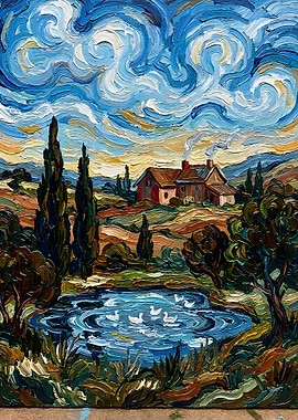 Impressionistic Landscape with Ducks and House