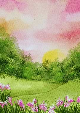 Watercolor Landscape with Flowers and Sunset