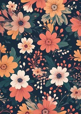 Coral & Mustard Floral Pattern Illustration on Dark Navy Background