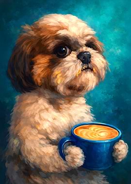 Dog with Coffee Cup Painting