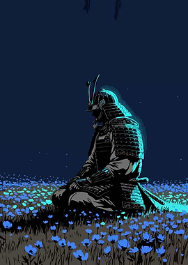 Samurai in Field of Blue Flowers
