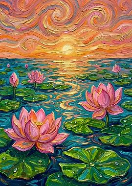 Lotus Flowers at Sunset Painting
