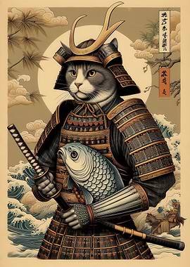 Samurai Cat with Fish