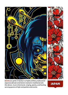 Geisha with Floral and Geometric Elements