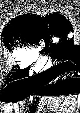 Monochrome Anime Character with Shadow Figure