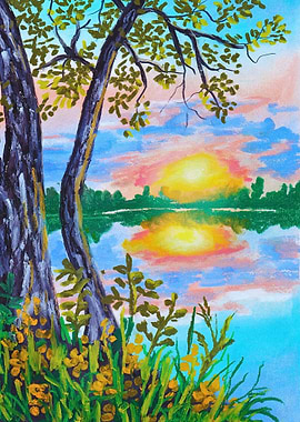 Pastel Sunset Landscape with Trees