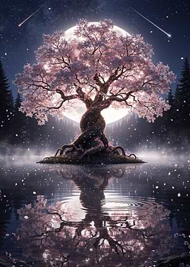 Cherry Blossom Tree Under Moonlight
