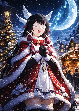 Anime Girl Christmas Caroling in Snowy Town