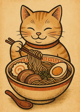 Cat Eating Ramen Illustration