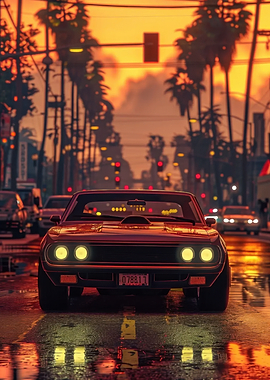 Classic Car on Wet City Street