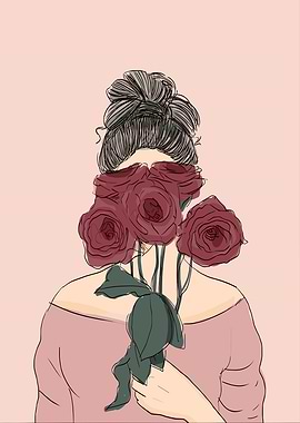 Woman with Roses Covering Face Illustration