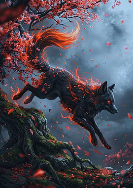 Fiery Fox Leaping Through Cherry Blossoms