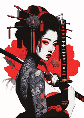 Geisha with Katana and Floral Tattoo