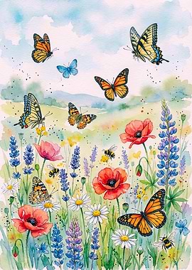 Watercolor Meadow with Butterflies and Bees
