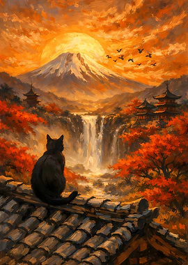 Black Cat Overlooking Japanese Landscape Painting