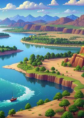 Cartoon Landscape with River and Boat