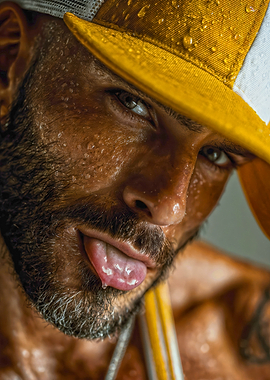 Sweaty Man Yellow Cap Portrait