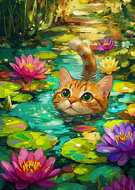 Cute Ginger Cat in Lily Pond Painting