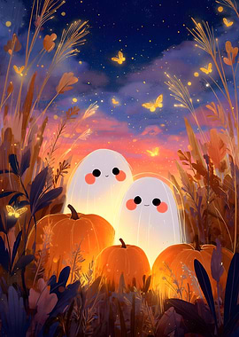 Cute Ghosts and Pumpkins at Sunset