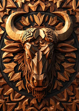 Wooden Bull Carving with Floral Accents