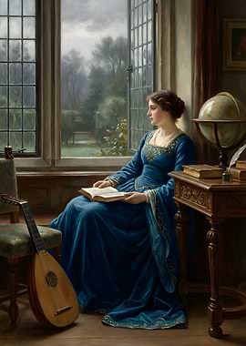 Woman Reading by Window with Lute