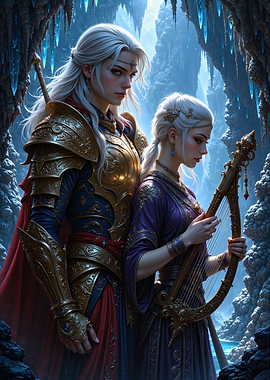 Fantasy Warrior and Musician in Cave