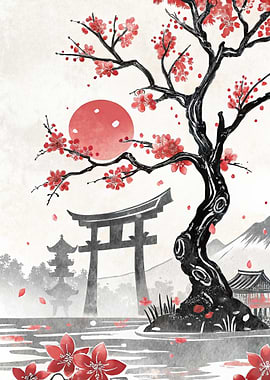 Japanese Cherry Blossom Landscape with Torii Gate