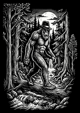Bigfoot Forest Poster, Funny Sasquatch Wall Art, Black and White Cryptid Illustration Print