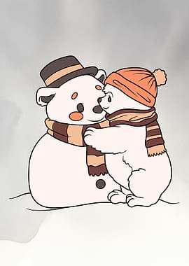 Cartoon Bear Hugging Snowman Illustration
