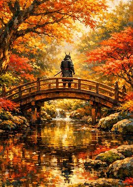 Samurai on Bridge in Autumn Landscape